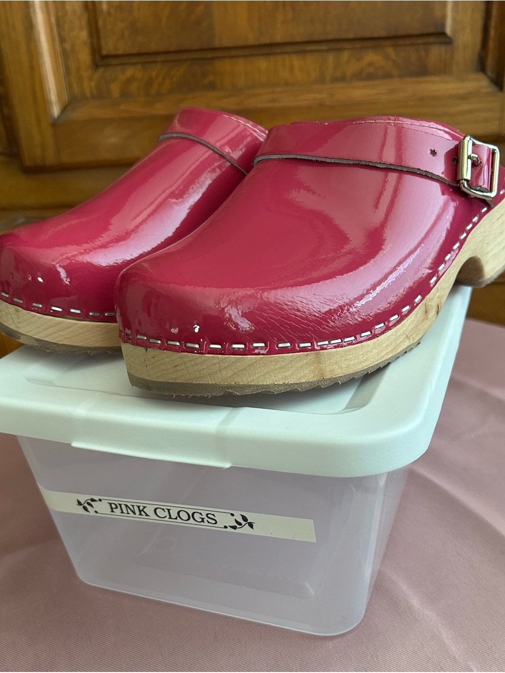 VERKA 
Women’s Wooden Patent Pink Clog Mules with Silver Buckle - Picture 3 of 3